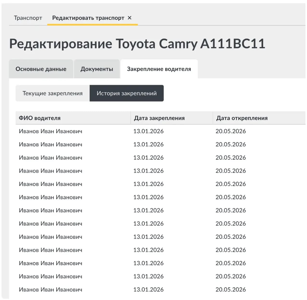 Закрепление водителей