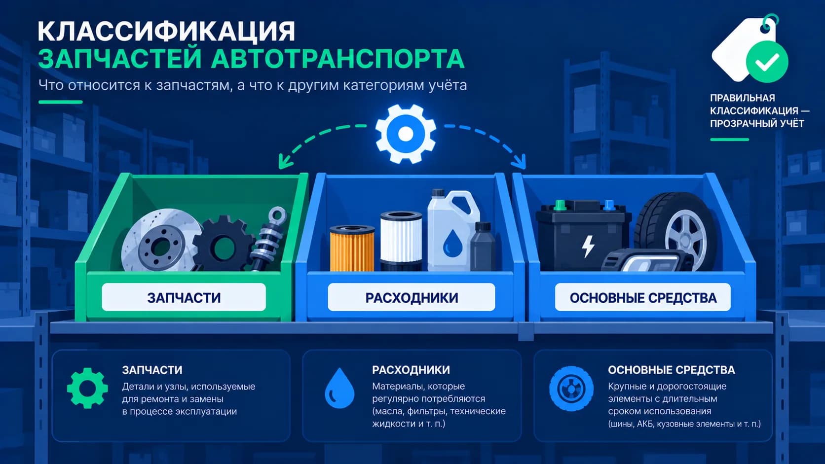 Что относится к запчастям автотранспорта: границы с расходниками, ГСМ и основными средствами