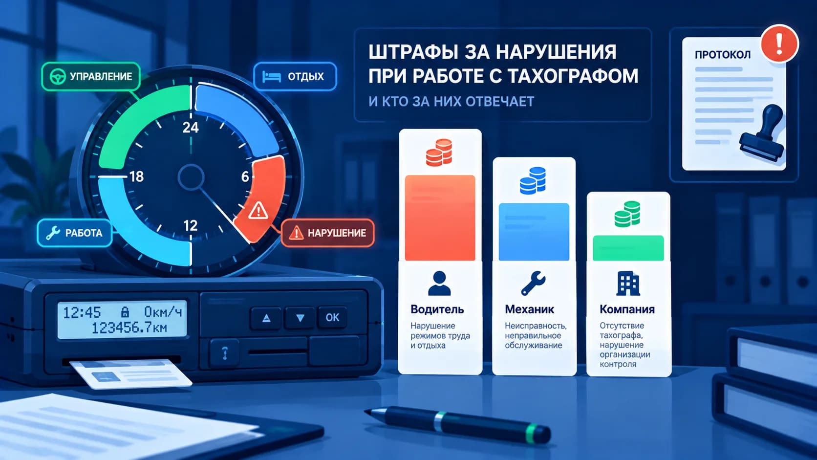 Штрафы за нарушения с тахографом в 2026 году: водитель, механик и компания