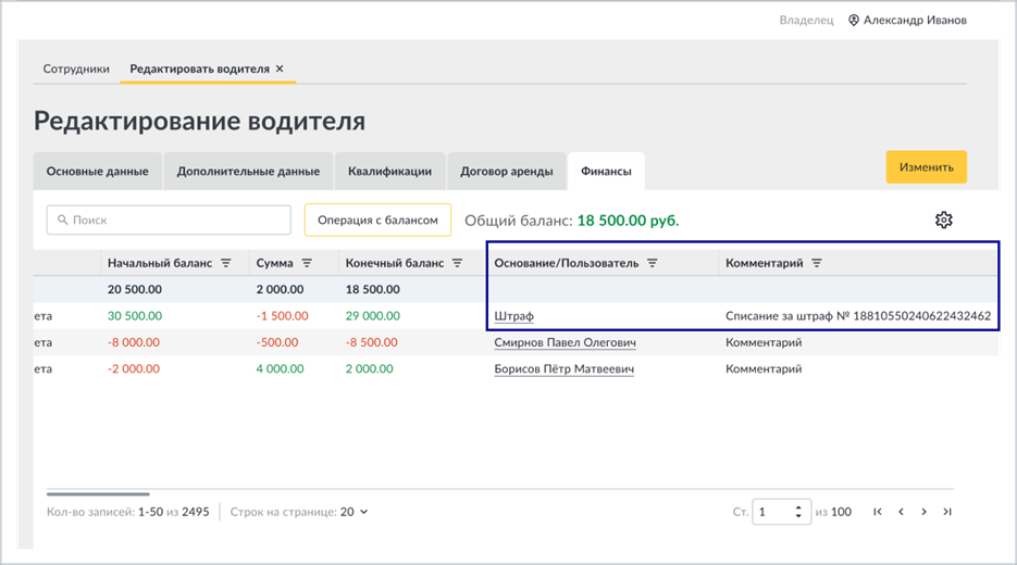 Колонки «Основание/Пользователь» и «Комментарий» в таблице операций с балансом: списание с основанием «Штраф»