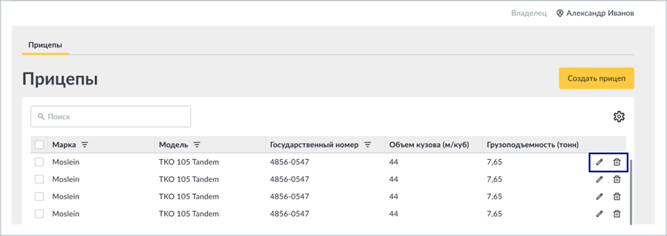 Редактирование прицепа
