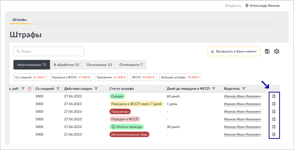 Открытие дополнительной информации о штрафе