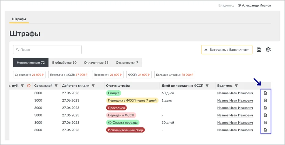 Открытие дополнительной информации о штрафе