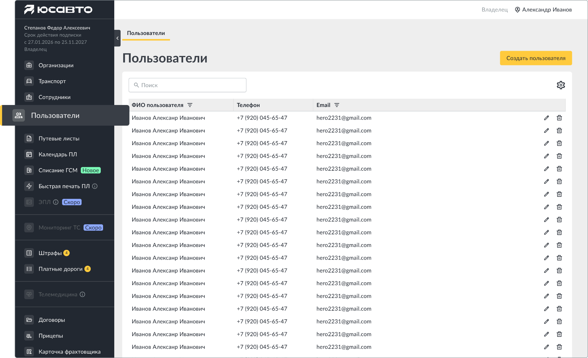Раздел «Пользователи»